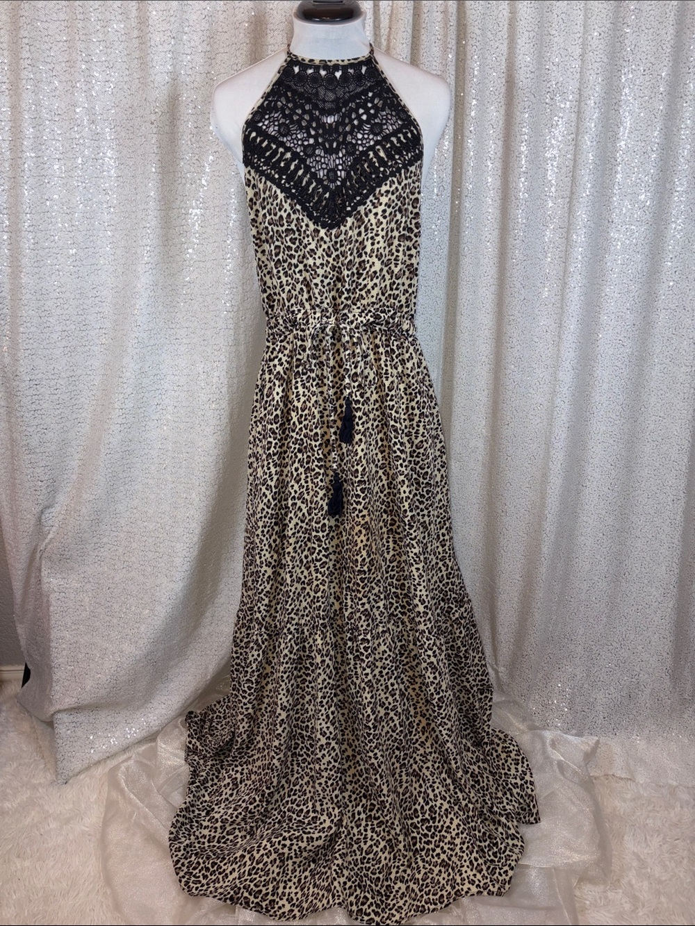 Main Strip Leopard Halter Maxi Dress with Black Crochet Yoke